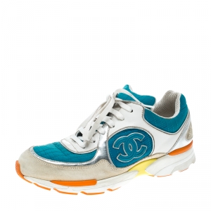 Pre Owned Chanel Multicolor Nylon And Leather CC Logo Lace Up Sneakers Size 37.5