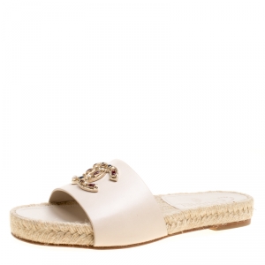 Chanel Beige Leather Embellished CC Flat Espadrille Slides Size 36