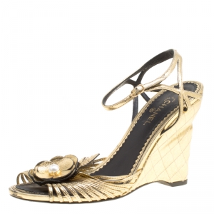 Chanel Gold Leather Camelia Wedge Sandals Size 38.5