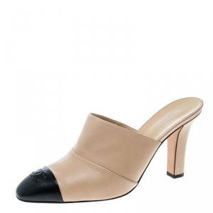 Chanel Beige/Black Leather Cap Toe Mules Size 41.5