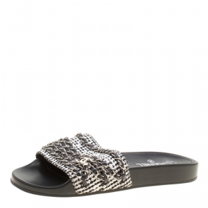 Chanel Monochrome Fabric Tropiconic Chain Detail Slides Size 40