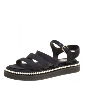 مملوكة مسبقًا Chanel Black Grosgrain Fabric Faux Pearl Flat Sandals Size 38