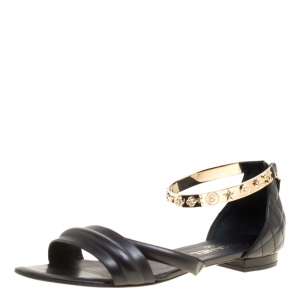 Chanel Black Quilted Leather Charm Embellished Sandals Size 39