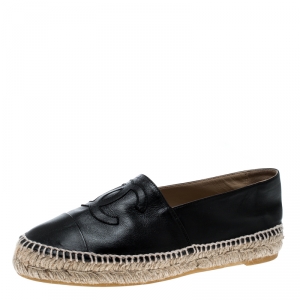 Pre Owned Chanel Black Leather CC Espadrilles Size 37