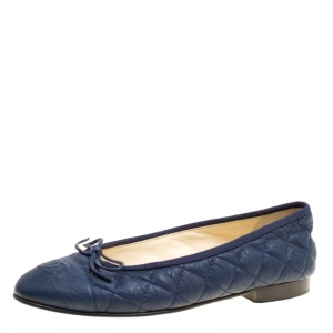 Pre Owned Chanel Blue Quilted Leather CC Bow Ballet Flats Size 36.5
