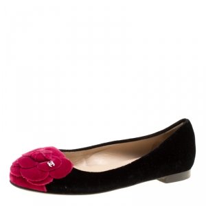 Pre Owned Chanel Black/Pink Velvet CC Camelia Flower Ballet Flats Size 36.5