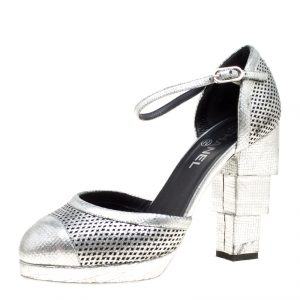 Chanel Metallic Silver Laser Cut Leather CC Platform Sandals Size 39.5