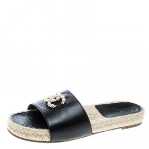 Chanel Black Leather Coco Mark Flat Espadrille Slides Size 36