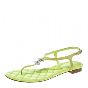 Chanel Lime Green Patent Leather CC Embellished T Strap Flat Thong Sandals Size 40