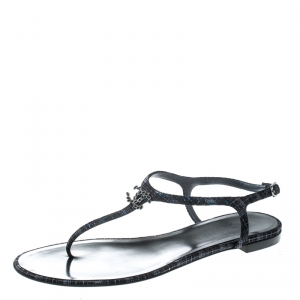 Chanel Metallic Black Suede CC Crystal Embellished T Strap Flat Thong Sandals Size 40
