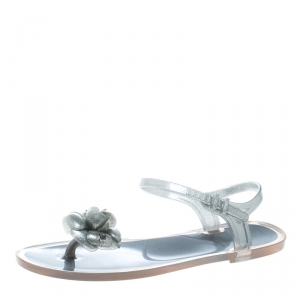 Chanel Grey/Silver Glitter Jelly Camellia CC Logo Sandals Size 40