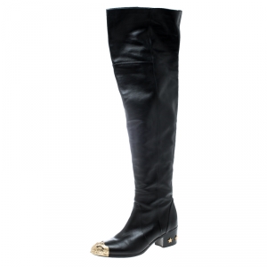 Chanel Black Leather Paris Dallas Metal Cap Toe Thigh High Boots Size 40
