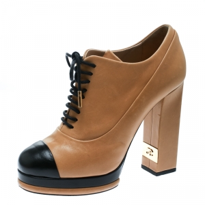 Chanel Beige/Black Leather Cap Toe Platform Ankle Boots Size 38