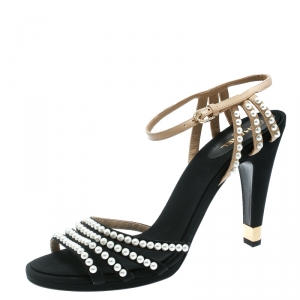 Chanel Black Canvas/Beige Leather Pearl Embellished Ankle Strap Sandals Size 42 