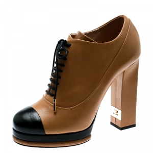 Chanel Beige/Black Leather Cap Toe Platform Ankle Boots Size 40