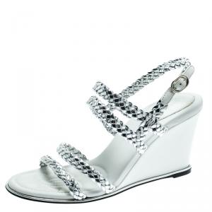 Chanel Metallic Silver Braided Leather CC Strappy Wedge Sandals Size 38