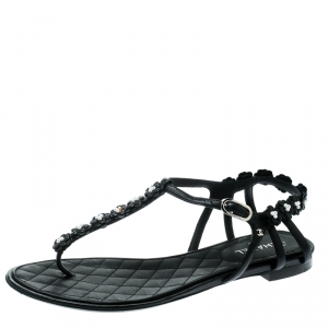 Chanel Black Leather Camellia T-Strap Flat Thong Sandals Size 38