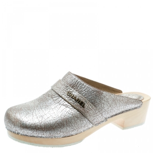 Chanel Metallic Silver Crack Leather Wooden Clogs Size 38