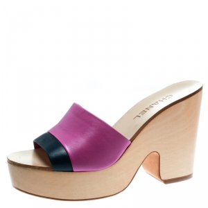 Chanel Pink/Blue Leather CC Platform Slides Size 39