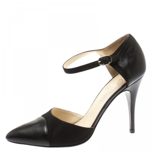 Chanel Black Fabric And Leather Cap Toe CC Ankle Strap Sandals Size 39.5