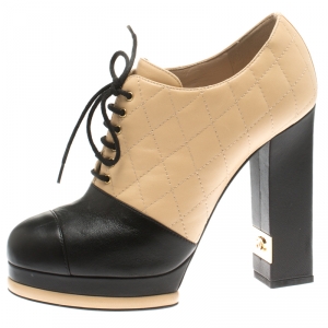 Chanel Beige Quilted And Black Leather CC Block Heel Lace Up Platform Booties Size 38.5