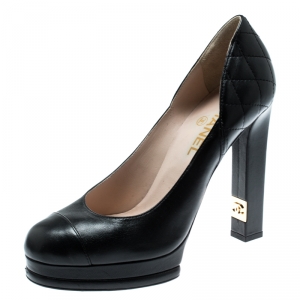 Pre Owned حذاء كعب عالي شانيل كعب عريض نعل سميك غطاء مقدمة جلد مبطن أسود مقاس 39