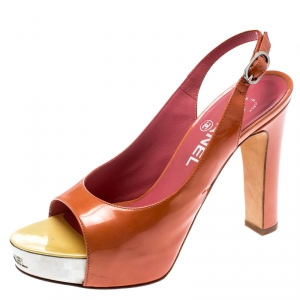 Chanel Orange Patent Leather Metal Platform Open Toe Slingback Sandals Size 35.5