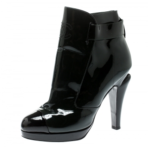 Chanel Green/Black Patent Leather Cap Toe Platform Ankle Boots Size 37