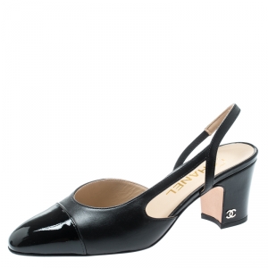 Chanel Black Leather And Patent Leather Cap Toe CC Block Heel Slingback Sandals Size 36
