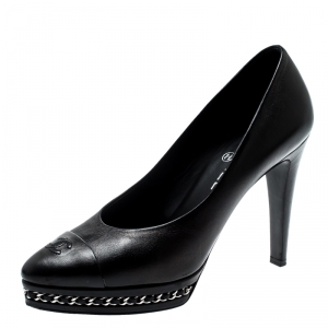 Pre Owned Chanel Black Leather CC Cap Toe Chain Detail Platform Pumps Size 38.5