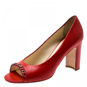 Pre Owned Chanel Red Leather Chain Detail Peep Toe Block Heel Pumps Size 38