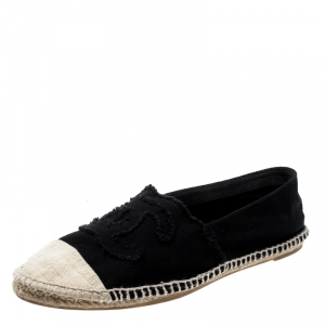 مملوكة مسبقًا Chanel Black/Beige CC Canvas Cap Toe Espadrilles Size 38