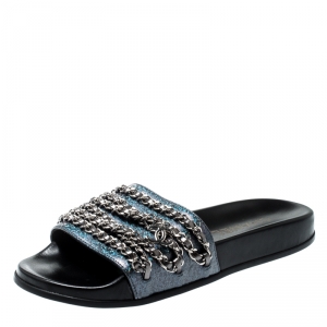 Chanel Dark Blue Glitter Finish Leather Tropiconic Chain Detail Slides Size 37