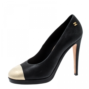 مملوكة مسبقًا حذاء كعب عالي شانيل نعل سميك غطاء مقدمة جلد لونين مقاس 38