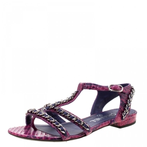Chanel Purple/Pink Python Chain Detail Strappy Flat Sandals Size 35.5