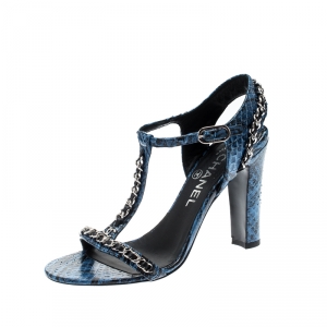 Chanel Blue Python Chain Detail T Strap Sandals Size 36