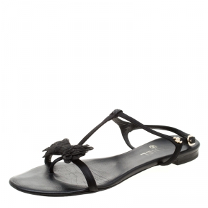 Pre Owned Chanel Black Satin Bow Thong Ankle Strap Flat Sandals Size 40