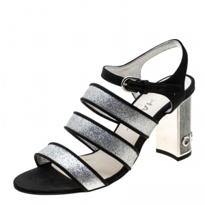 Chanel Metallic Silver Glitter Texture Leather And Fabric CC Block Heel Strappy Sandals Size 37