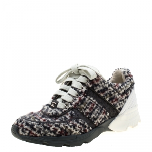 Pre Owned Chanel Grey/White Tweed and Leather Lace Up Sneakers Size 36