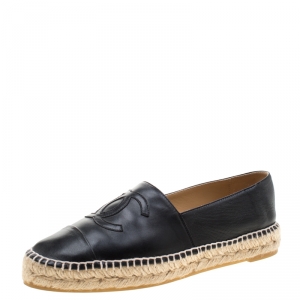 Pre Owned Chanel Black Leather CC Espadrilles Size 39