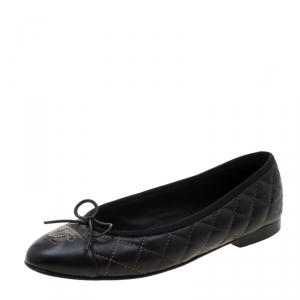 Pre Owned Chanel Black Quilted Leather CC Bow Cap Toe Ballet Flats Size 39.5