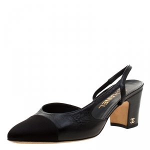 Chanel Black Leather/Satin Classic Slingback Sandals Size 38.5