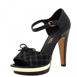 Chanel Black Leather And Canvas Bow Open Toe Platform Ankle Strap Sandals Size 37