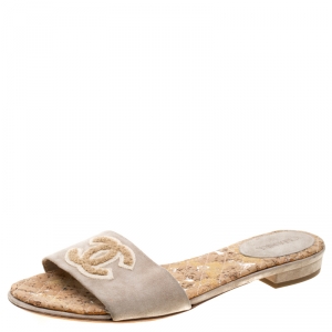 Chanel Beige Suede CC Cork Flat Slides 37.5