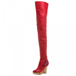 Chanel Red Leather Metallic Gold Brocade Wedge Thigh High Boots Size 39