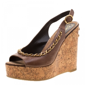 Chanel Brown Leather Chain Detail Cork Wedge Platform Sandals Size 38