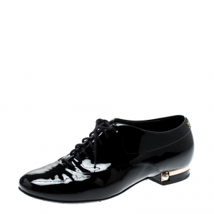 Chanel Black Patent Leather Pearl Embellished Lace Up Oxford Size 37.5