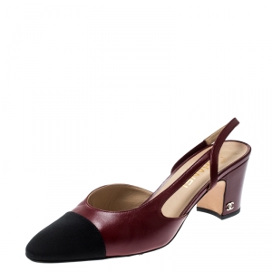 Chanel Burgundy Leather And Black Canvas Cap Toe Backstrap Sandals Size 40