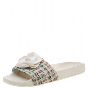 Chanel White Camellia Tweed Slides Size 39
