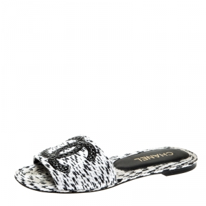 Chanel Monochrome Cotton Cord CC Flat Slides Size 36